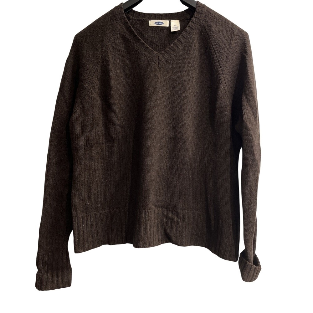 Vintage‎ Old Navy Sweater Brown 100% Lambswool Pullover V Neck Size XXL Boxy